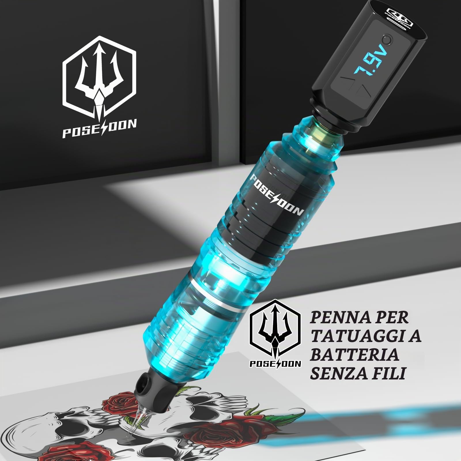 POSEIDON Kit Rotary Tattoo Machine con 20 aghi per cartucce per tatuaggi, set di inchiostri e 2 batterie | Dispositivo professionale per tatuaggi per principianti | Kit completo (HM142)
