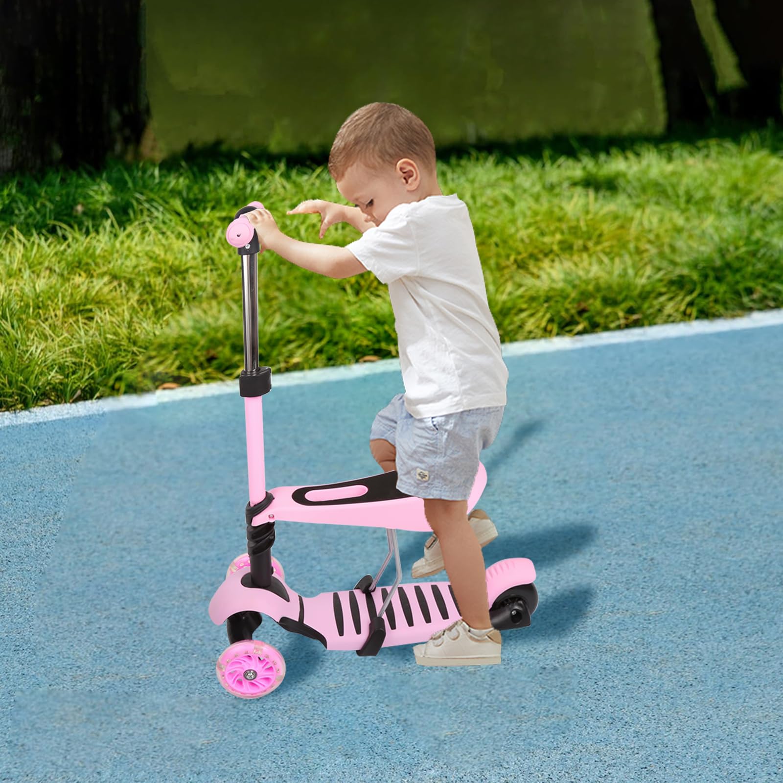 Patinete infantil 3 en 1 con asiento – Draisienne y patinete de 3 ruedas, montaje fácil, altura ajustable, LED ruedas, bandeja antideslizante – para niña/niño de 2 a 8 años