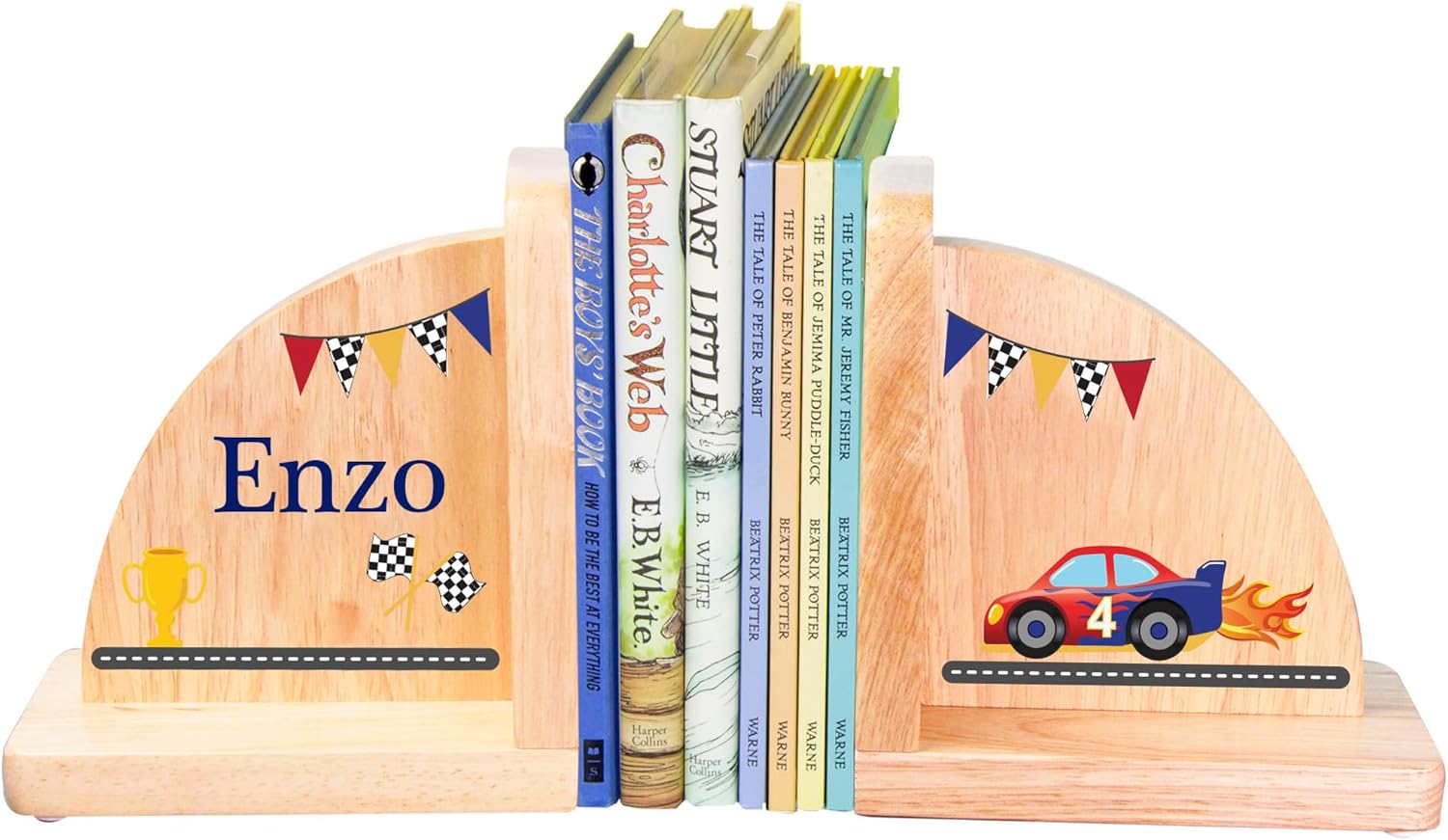 My Bambino Personalized Bookends for Kids | Natural Wood Race Car Bookends for Children's Book Racecar Theme | Custom Name Book Ends | Nursery & Kids Room Gift