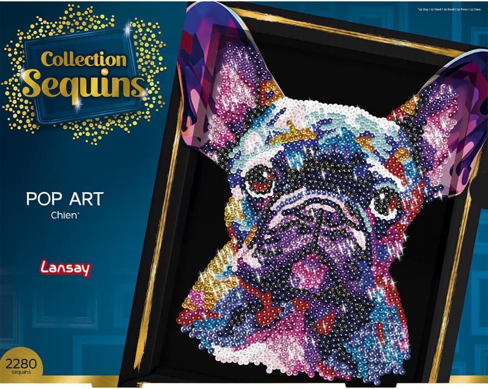 Lansay Collection Sequins - Pop Art Dog - Create a Sparkling Sequin Image of a Dog - Includes Storage Compartment - Creative Activity for Adults and Teens from 14 Years