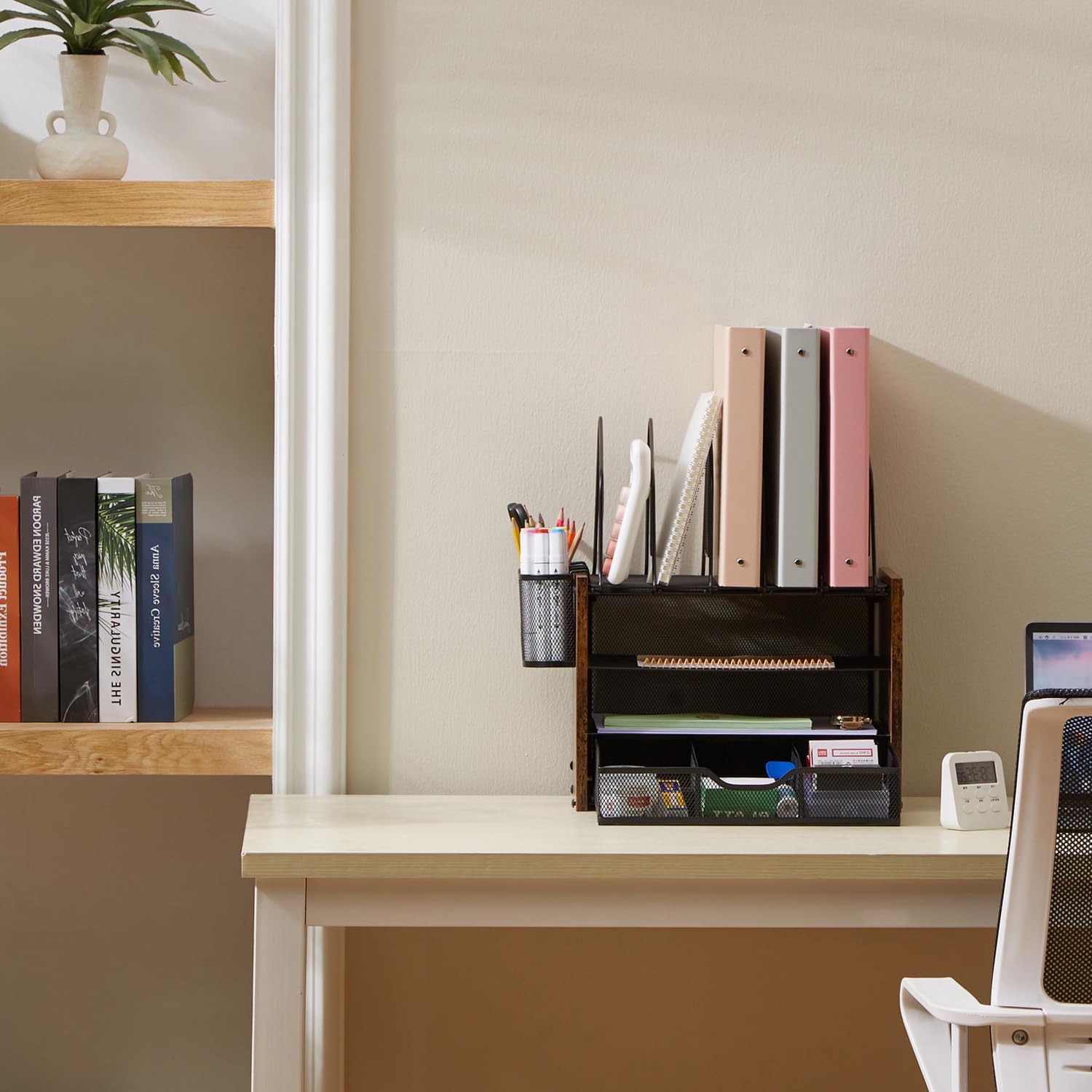 4-Tier Desk Organizer with Drawer, Wooden Mesh File Organizer with 5 Vertical Sorters & 2 Pen Holders, Multi-Functional Desktop Organizer for Home, Office & School