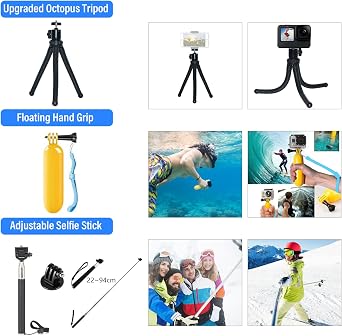 58-In-1 Action Camera Accessory Kit Compatible with GoPro Hero 11 10 9 8 7 6 5 4 Max Fusion Session Black Silver Insta360 DJI OSMO SJCAM APEMAN etc,New Upgraded Octopus tripod