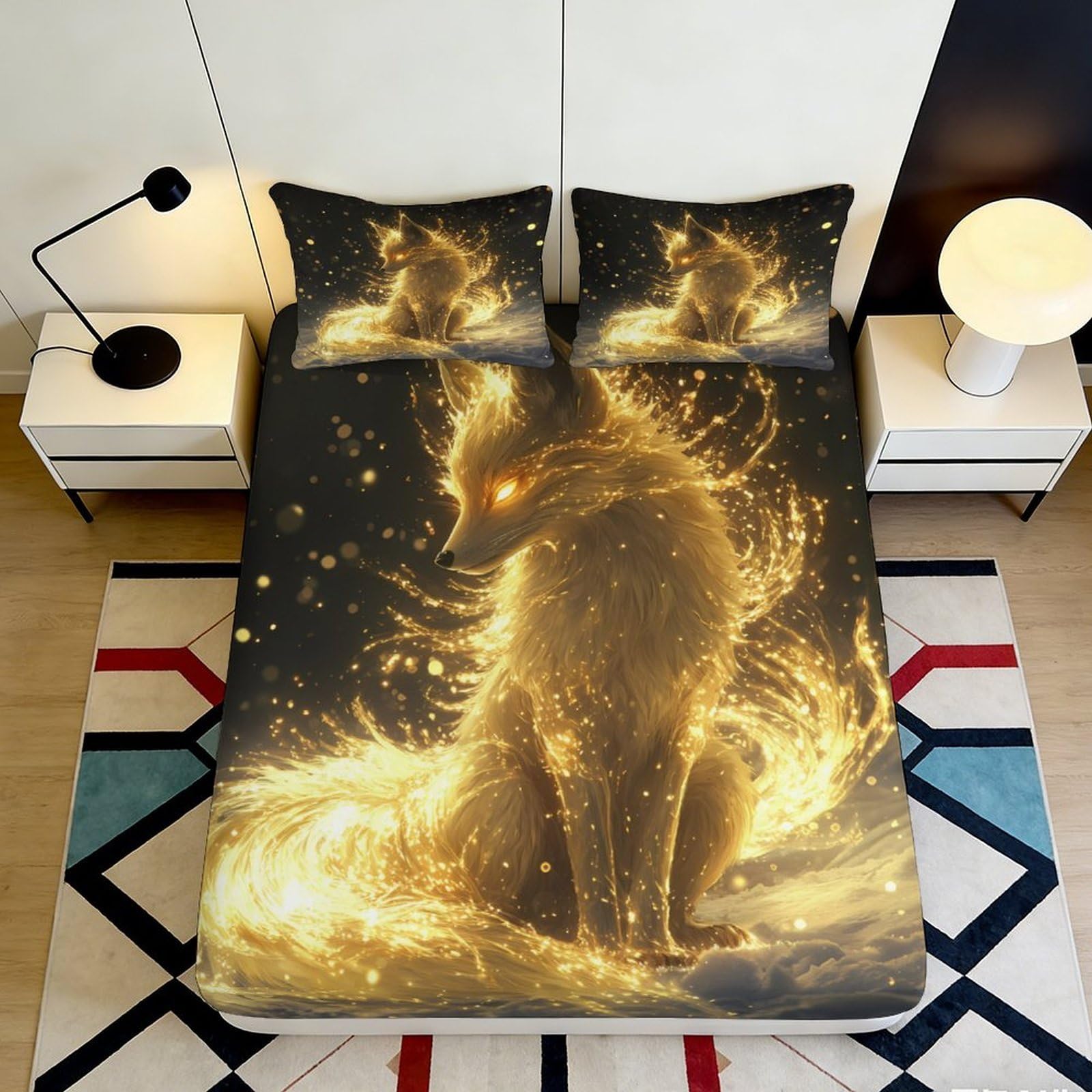 3D Printed Golden Fox Fitted Sheet Microfiber Deep Pocket Non-Slip Fox Mattress Fitted Cover Full Wrap Bedding for Adults 140x200x25cm