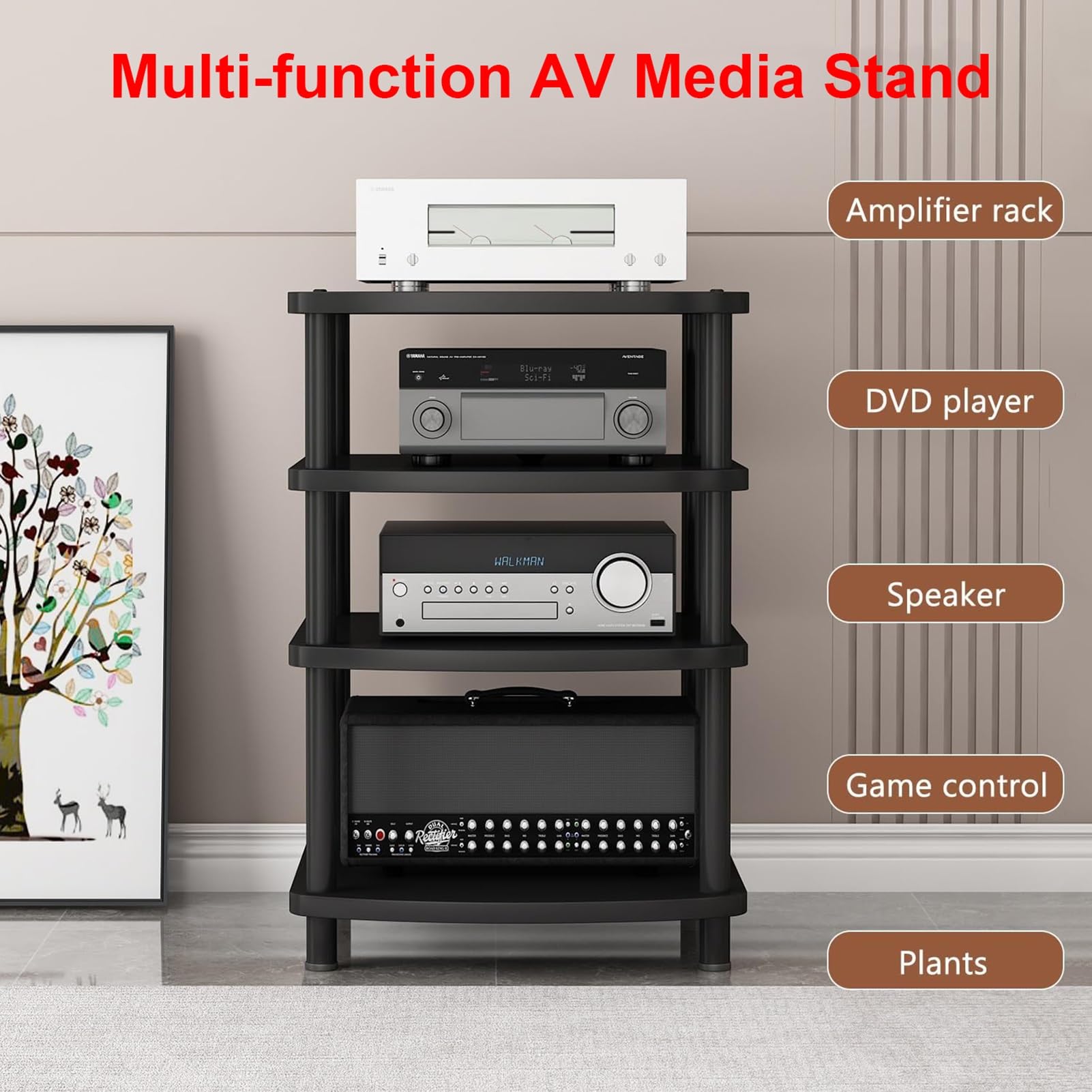 Supporto multimediale AV multifunzione, con piedini regolabili, supporto per lettore CD indipendente, armadietto per componenti stereo con ripiano in legno per casa, ufficio, home theater (noce, 3