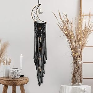 Dremisland Macrame Woven Wall Hanging Moon Dream Catcher- Boho Chic Bohemian Home Decor Wall Art Decor Beautiful Apartment Dorm Room Door Decoration (Moon-Black)