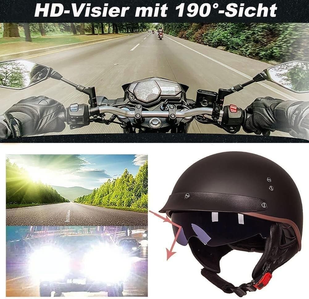 Kask półtwarzowy dla dorosłych mężczyzn, kobiet, kask motocyklowy w stylu niemieckim z osłoną przeciwsłoneczną, regulowany, wygodny, zabytkowy, półtwarzowy niemiecki