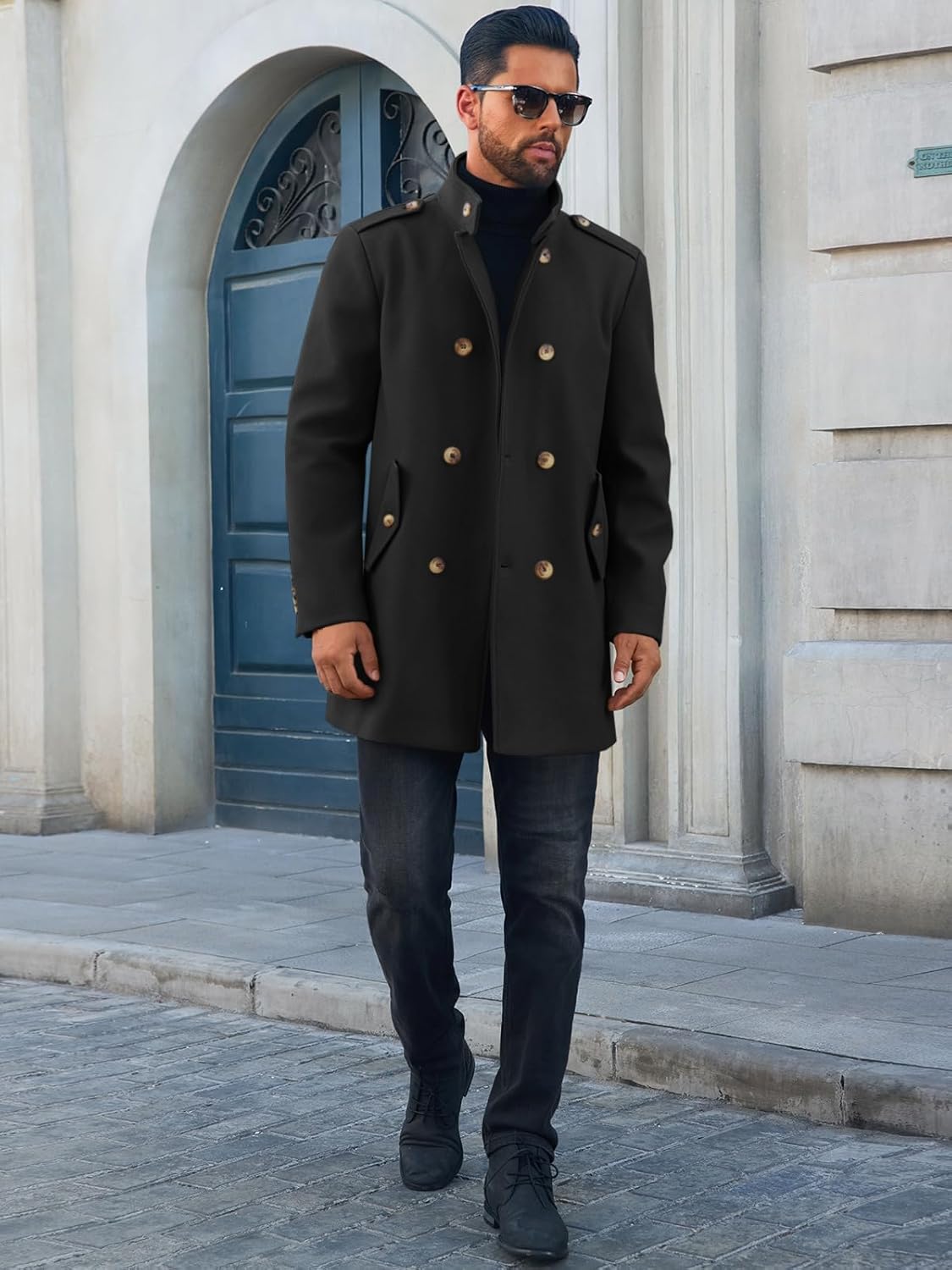 Runcati Mens Trench Coat Double Breasted Stand Collar Pea Coat Casual Fall Winter Warm Mid Long Overcoat - Image 5