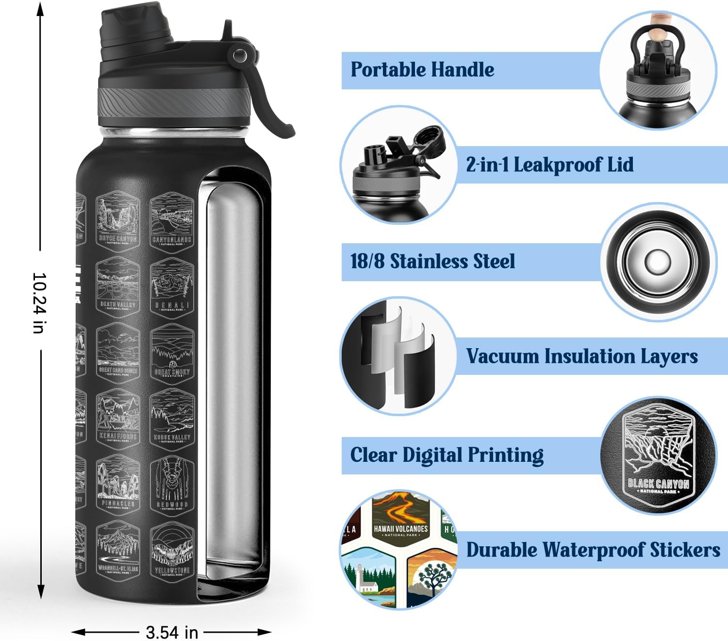Nefeeko 32oz National Parks Water Bottle - Insulated Adventure Bottle with Waterproof Stickers | Leakproof Lid & Dual Straw/Spout | USA Bucket List Gift for Hikers, Camping & Outdoor Enthusiasts - Image 2