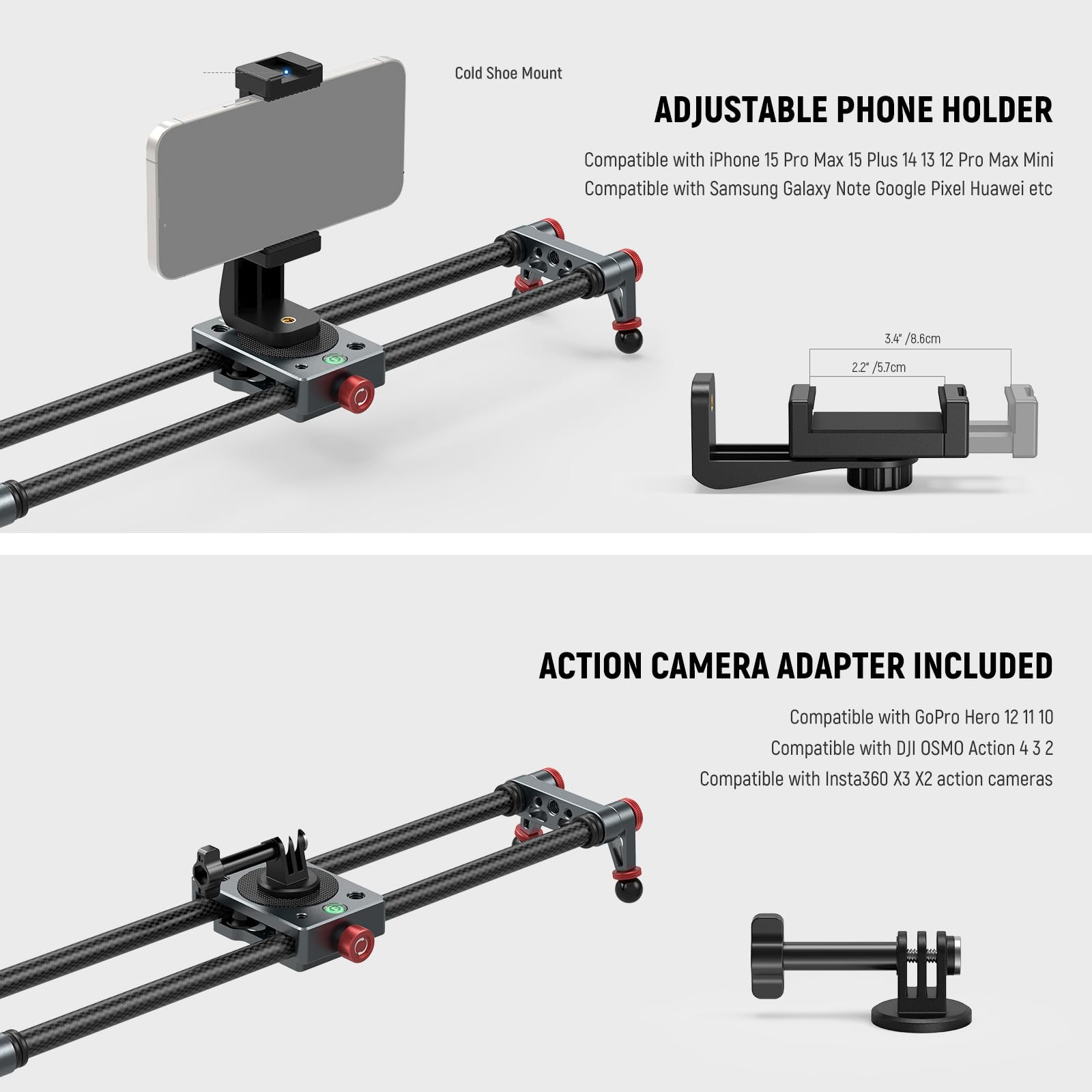 NEEWER 40cm Slider Fotocamera in Fibra Carbonio+Testa Sfera 360°/Phone Clamp/Supporto Action Cam, Carrello Dolly con 4 Cuscinetti e Gambe Regolabili, Compatibile con GoPro Insta360 iPhone Android,CS1M