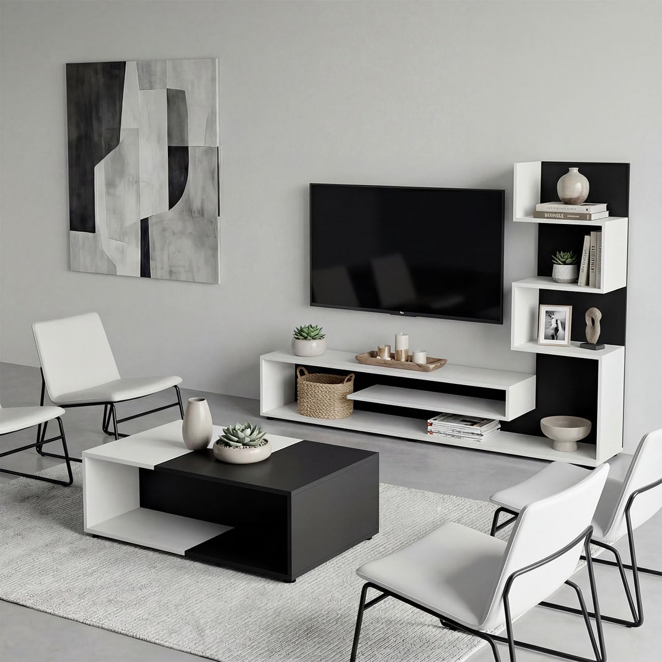duehome | Mueble de Salón, Composición Modular de TV, Modelo Moobi 160, Acabado en Blanco y Negro, Medidas: 160 cm (Largo) x 29 cm (Fondo) x 124 cm (Alto)