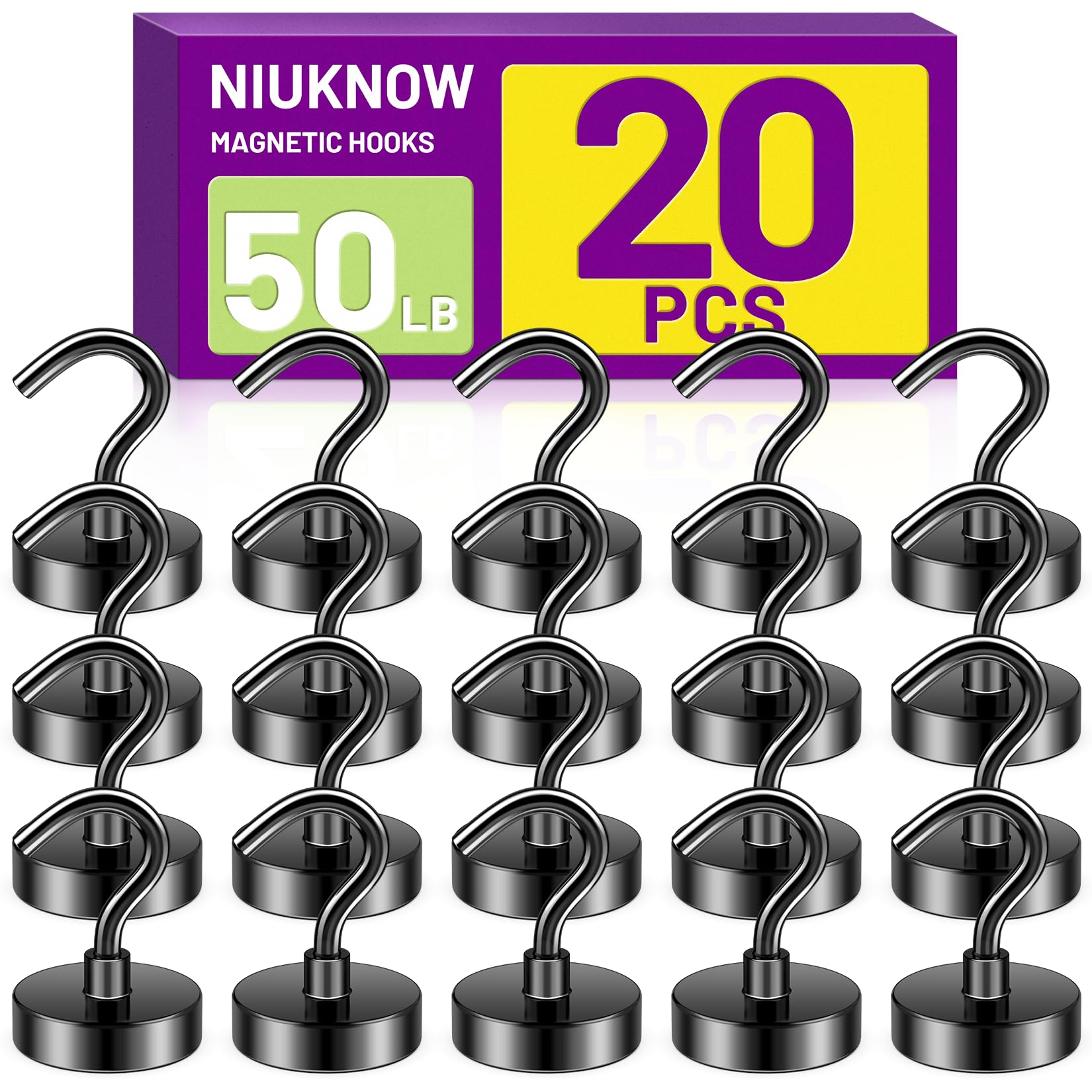 Niuknow 20 Pack Hook Magnets, Magnetic Hooks, Black, 50 LB