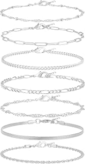 Reoxvo 7-Piece Silver Stackable Chain Bracelets for Women - Adjustable, Non-Tarnish, Trendy Jewelry Set