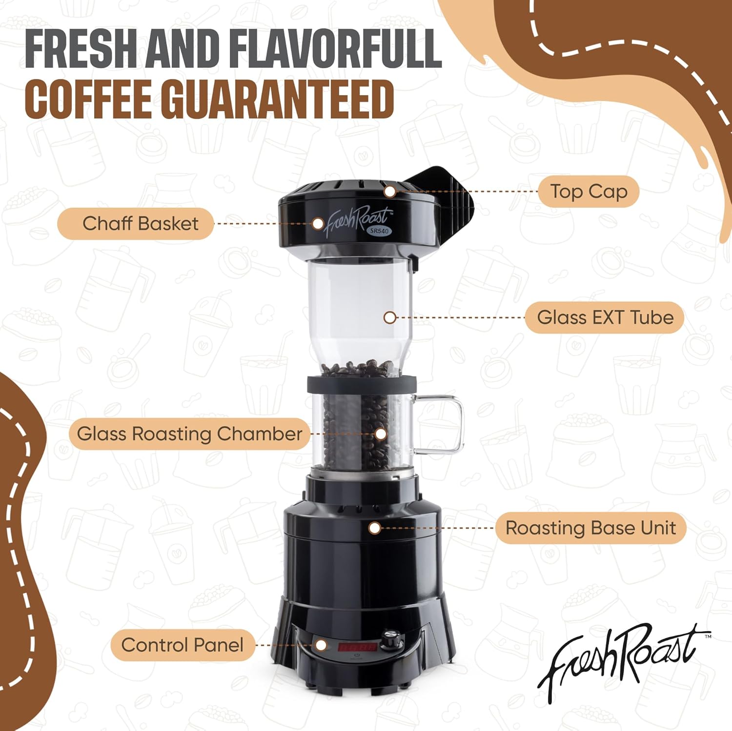 Coffee Roaster Bundle SR540, Glass Extension Tube, Pour Over Digital Scale, 800ML Glass Pour Over, Electric Kettle, (2lbs) Sample Pack of Green Beans, (2-Pack) Sample Trays, Chaff Brush
