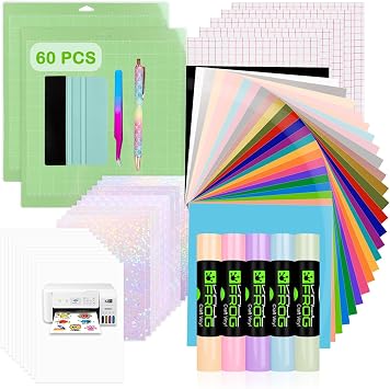 VINYL FROG 60PCS Accessories Bundle for Cricut Maker and All Explore Air, Ultimate Tools with Permanent Adhesive Vinyl, Printable Vinyl Sticker Paper, Cutting Mat, Weeding Tools, Scrape