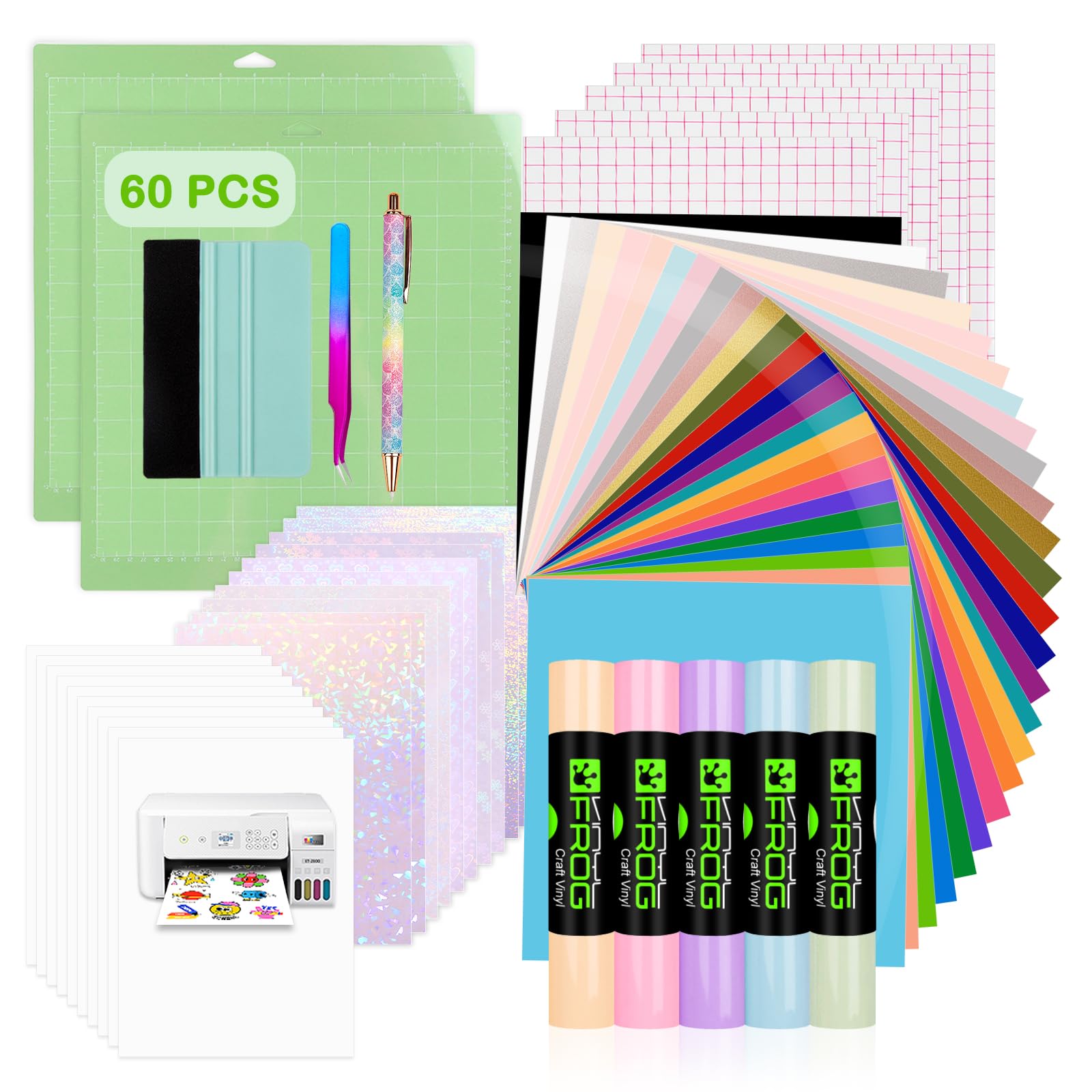 VINYL FROG Lot de 60 accessoires pour Cricut Maker et All Explore Air, outils ultimes avec vinyle adhésif permanent, papier autocollant en vinyle imprimable, tapis de coupe, outils de désherbage,