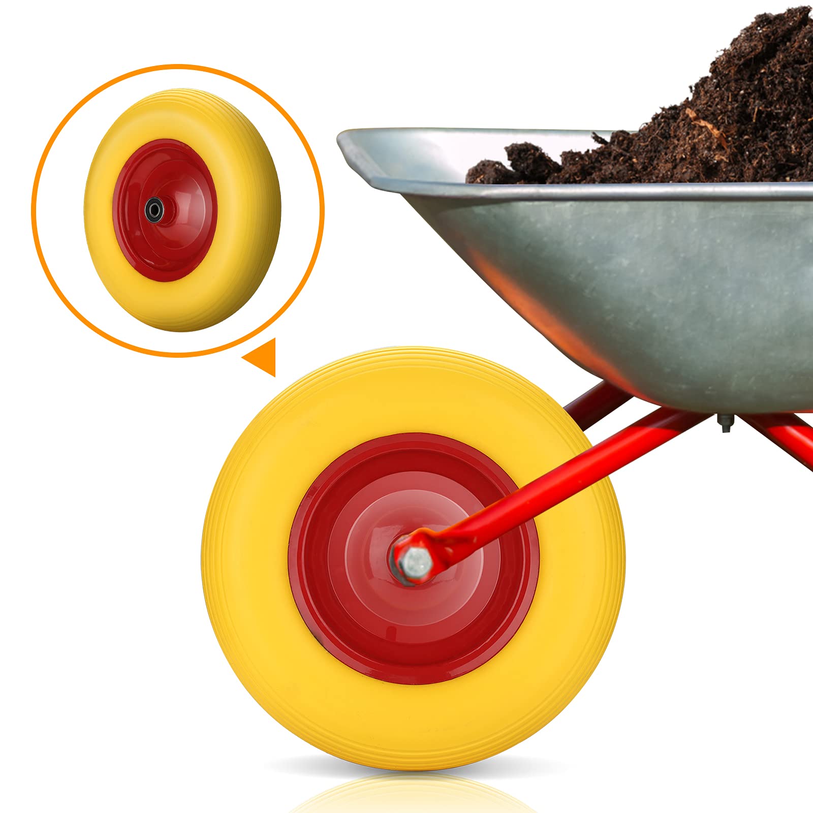 2x Schubkarrenrad 4.80 4.00-8 Vollgummi, Ersatzrad, pannensicher, 200 kg Tragkraft Gummirad mit Achse 95mm Breite, Stahlfelge Reifen gelb-rot, für Gartenkarren