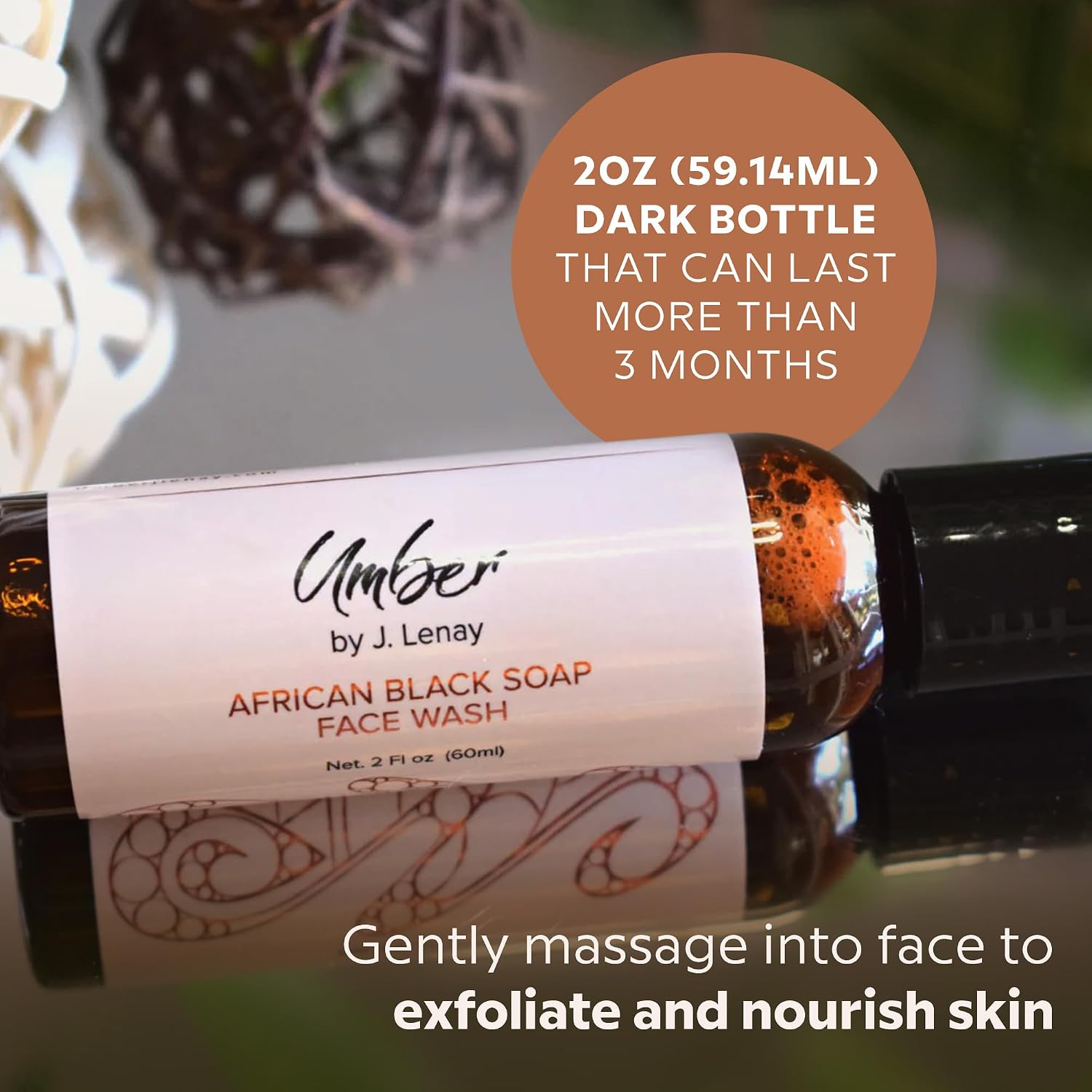 Umber by J. Lenay 100% Natural Liquid African Black Soap Face Wash – Pore Minimizing and Exfoliating Cleanser for All Skin Types – Gentle, Deep-Cleansing Formula for Clearer, and Refreshed Skin – 2 oz