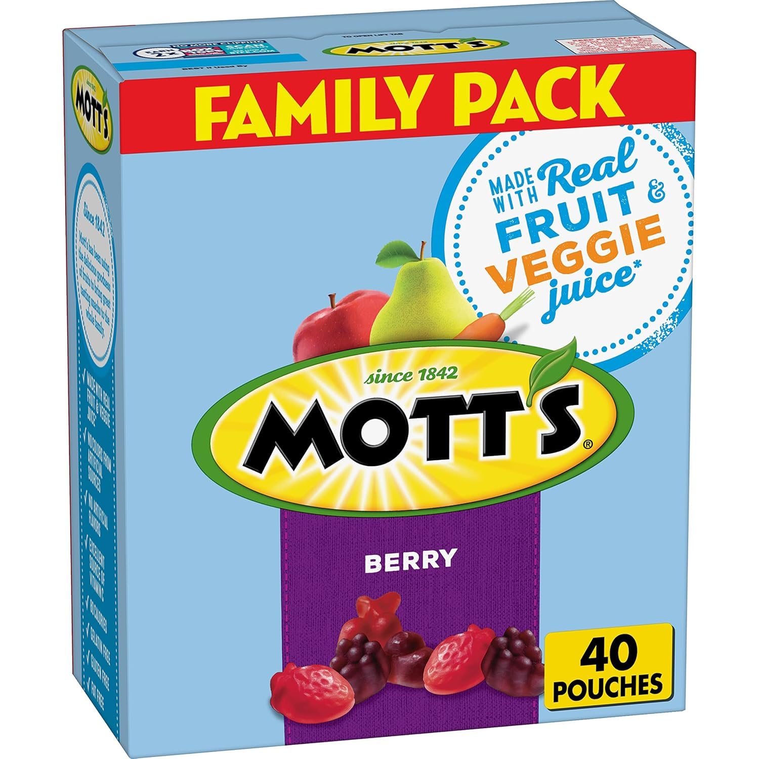 Mott's Berry Fruit Flavored Snacks Valentine's Day Family Pack, 40 Ct Gluten Free 32 oz Real Fruit Juice