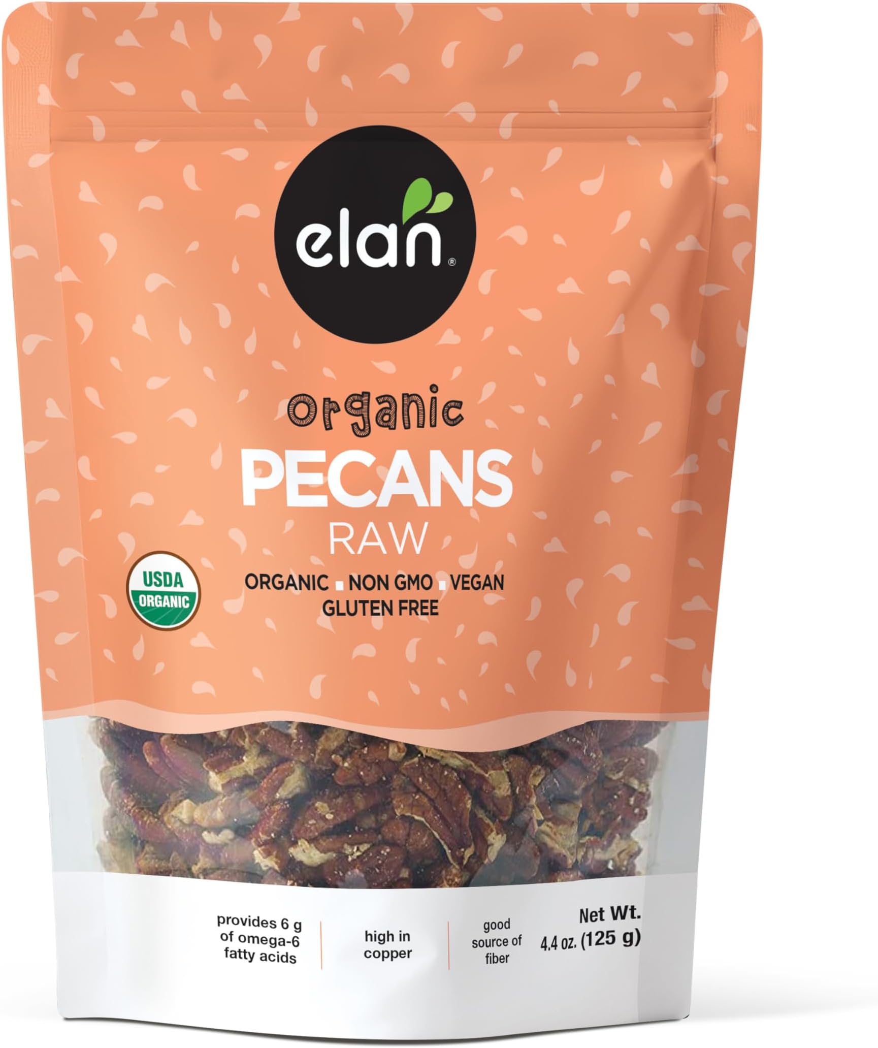 Elan Organic Raw Pecans, 4.4 oz | Keto, Paleo, Vegan | Unsalted Nuts | USDA Organic, Non-GMO, Gluten-Free & Kosher | Ideal for Soaking, Baking & Snacking | Resealable Pouch