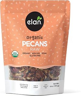 Elan Organic Raw Pecans, 4.4 oz, Unsalted, Unroasted, Shelled Raw Nuts, Non-GMO, Vegan, Gluten-Free, Kosher, Healthy Snacks