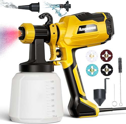 Angseen HVLP - Pulverizador de pintura eléctrico con recipiente de 47.3 fl oz, 4 boquillas de cobre, 3 patrones de pulverización para interior y