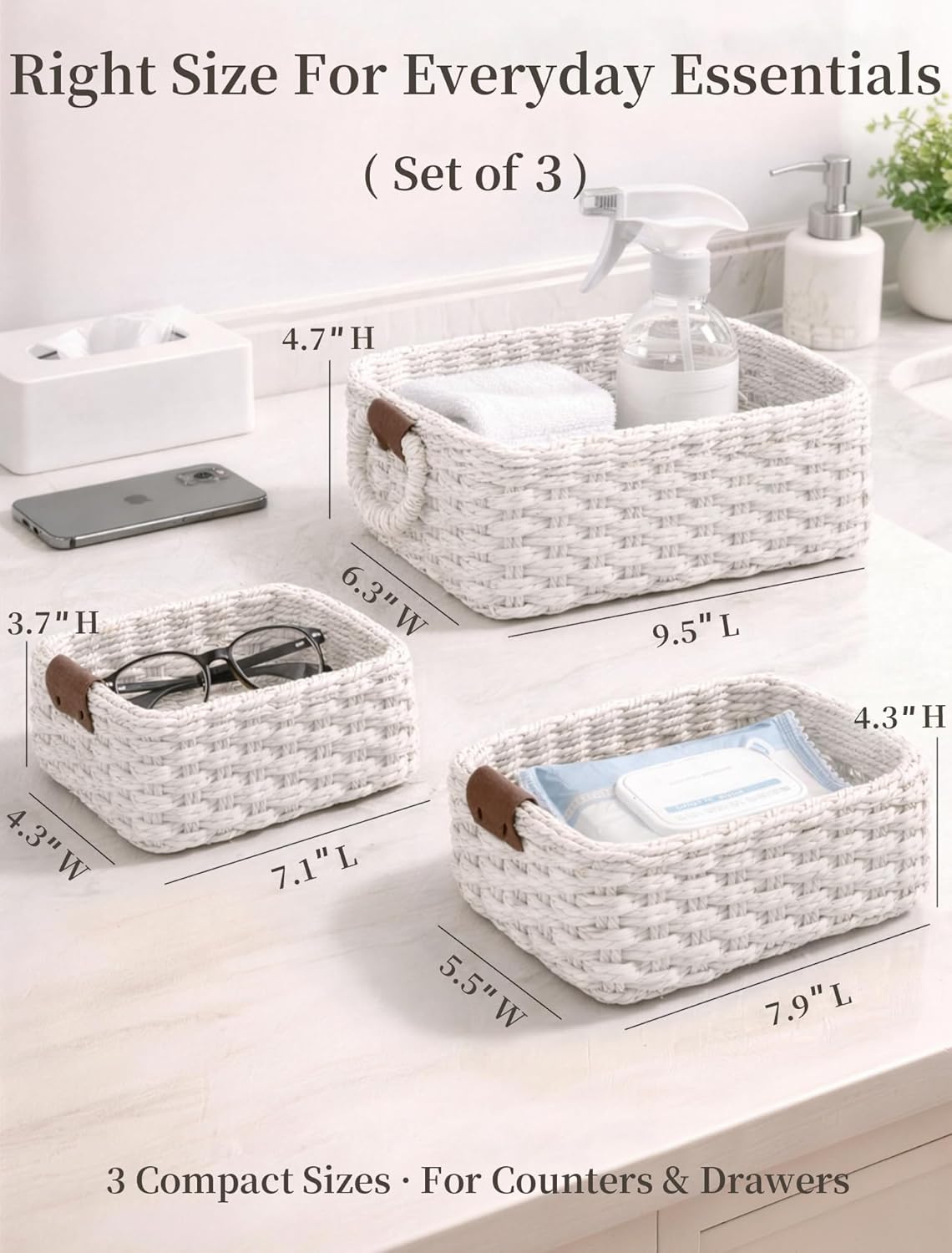 Storage Basket, Recycled Paper Rope Bathroom Basket Organizer, 3Pcs Small Baskets for Organizing, Mini wicker Basket for Decorative Storage Bins, Shelves, Bathroom, Cabinet - White