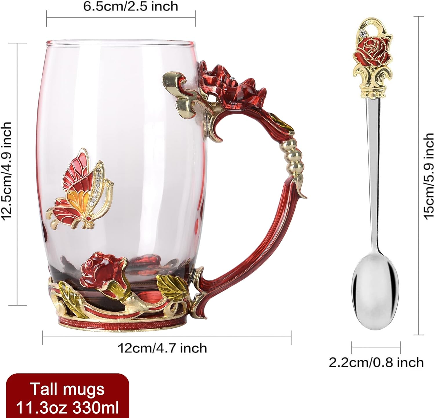 Glass Coffee Cup Tea Mug & Gifts with Spoon Set Handmade Enamel Butterfly Rose Flower for Mothers Day Gift, Women (2 Red Pack)