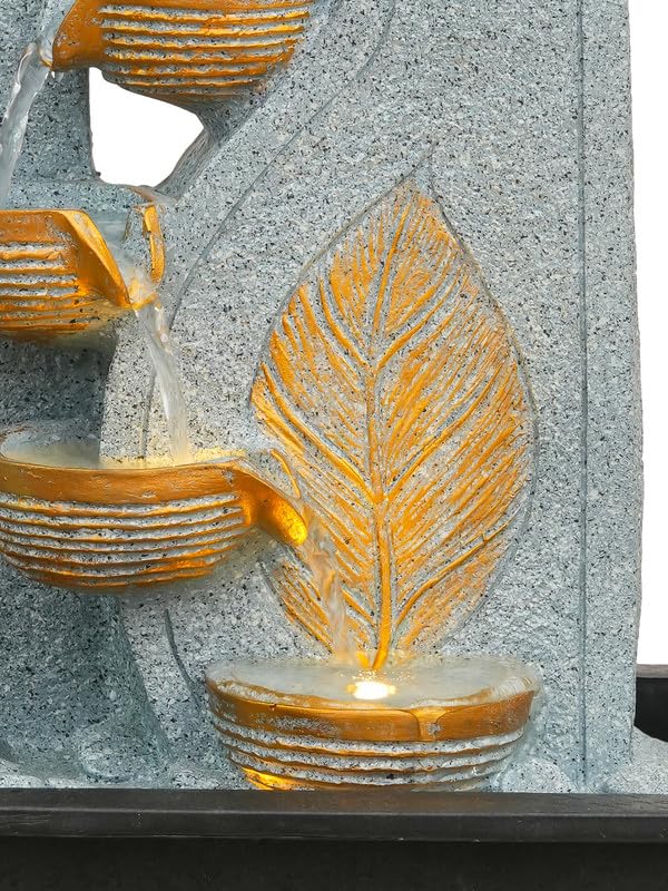 Image of Polyresin Table Top Grey 4 Diya Steps & Green Leaf Design Indoor Waterfall Fountain for Home Decor with LED Lights & Speed Controller Pump (Size: 40 x 29.5 x 22CM | Weight: 2250grm)
