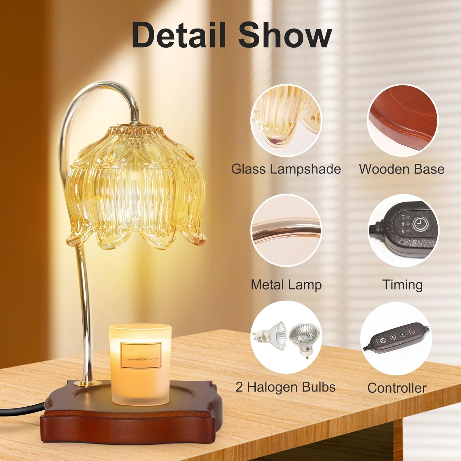 Candle Warmer Lamp Dimmable Wax Melt Warming Lamp with Timer Scented Wax Candle in Jar During Bathing & Yoga & Meditation with 2 Bulbs Home Decor Gift for Female (Blooming Flowers)