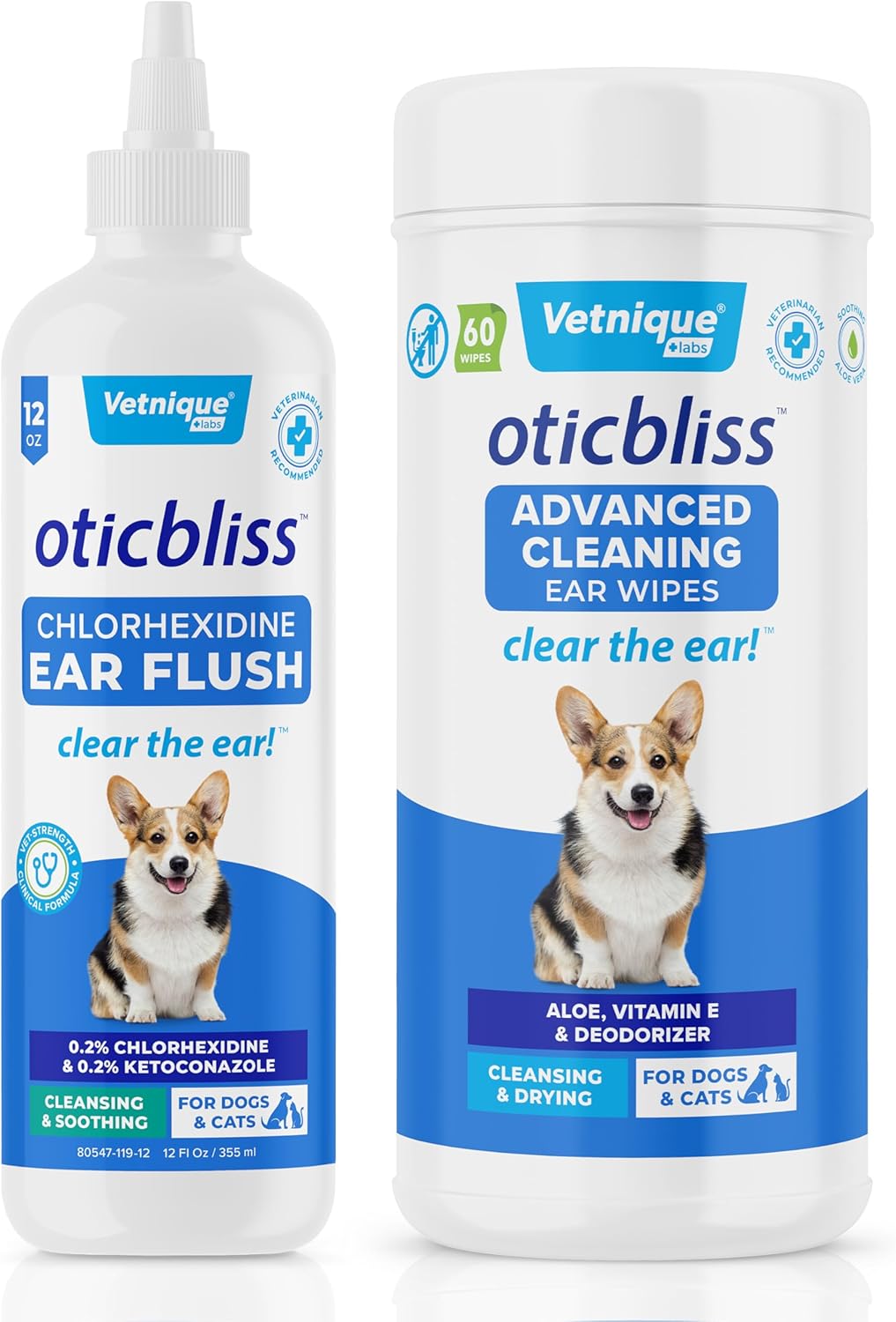 Vetnique Labs Oticbliss Advanced Cleaning Wipes XL (60 Ct) and Oticbliss Chlorhexidine Flush (12 oz) Bundle Complete Dog Ear Care with Ear Cleaning Wipes Plus Ear Drying Solution with Salicylic Acid