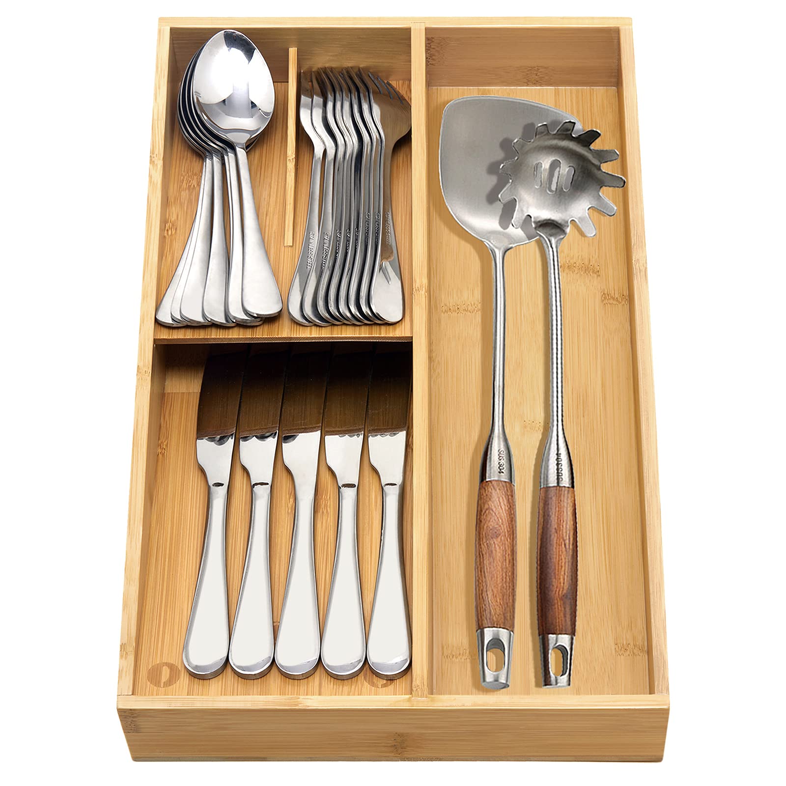 guiogc - Organizador de cubiertos de bambú, soporte para utensilios y bandeja de cubiertos para cajón, organizador de cajones de cocina, divisor para cucharas, tenedores, cuchillos