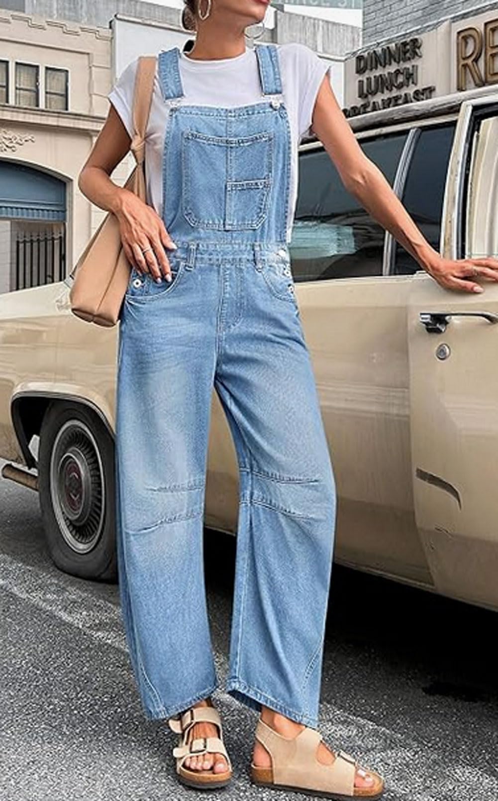 loveimgs - Peto vaquero holgado Y2K para mujer, pantalones vaqueros de pierna ancha con corte barril, mono vaquero con peto, pantalones boyfriend de denim con parches