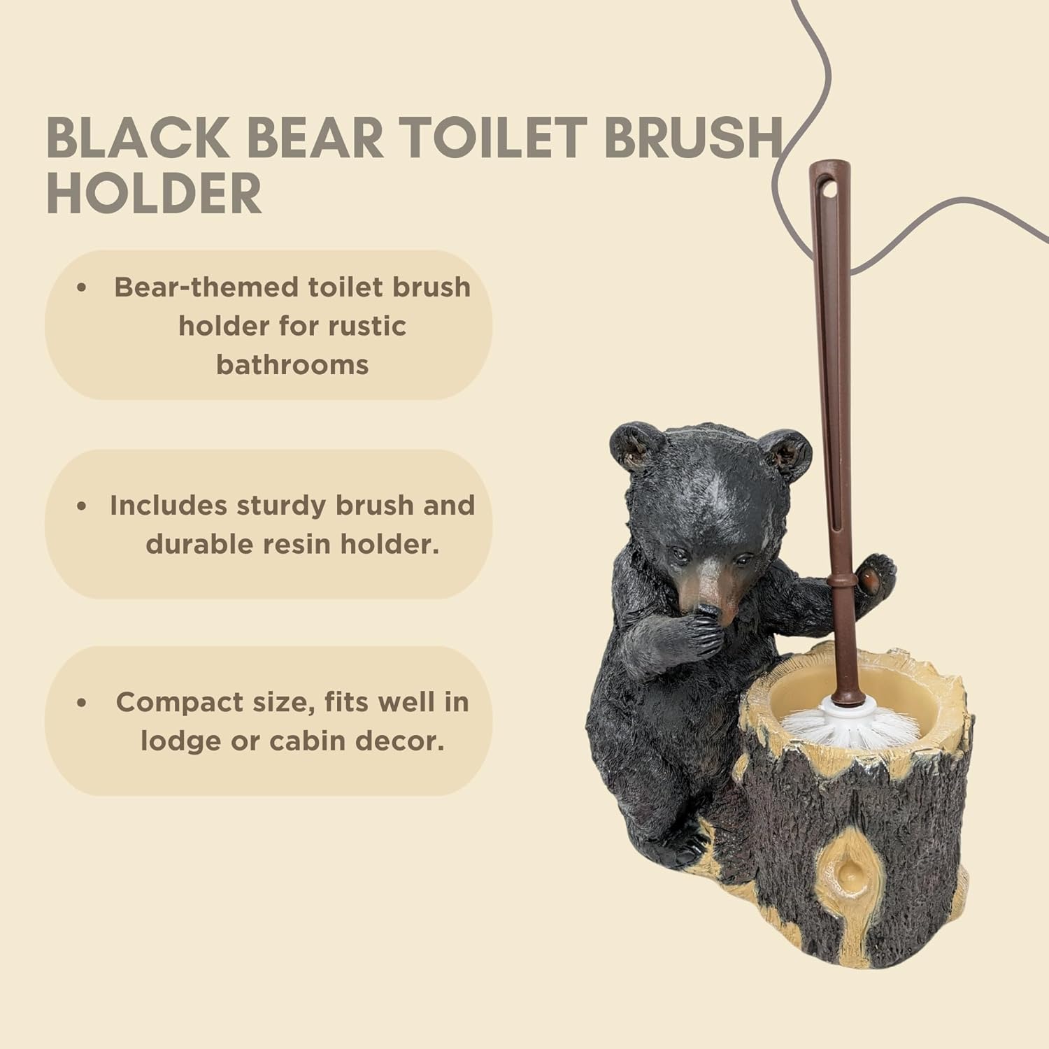 Rustic Resin Bear Toilet Brush Holder – Cabin Bathroom Accessory for Woodland and Cabin Home Decor – Toilet Bowl Brush and Holder Set for Rustic or Lodge-Themed Bathrooms