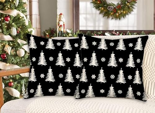 Miniatura 4 de Juego de 2 fundas de almohada decorativas negras con copos de nieve para árbol de Navidad de 24 x 24 pulgadas, fundas de cojín decorativas para
