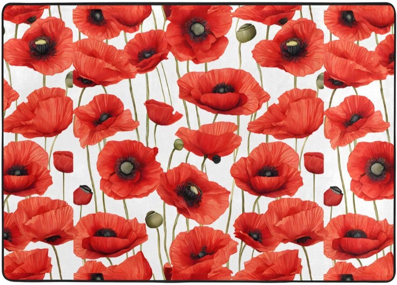 Flannel Non-Slip (Red Poppy Flower) Rug Pad 80×50in Soft Washable Protective for Hardwood Floors Bedroom Bathroom Living Room