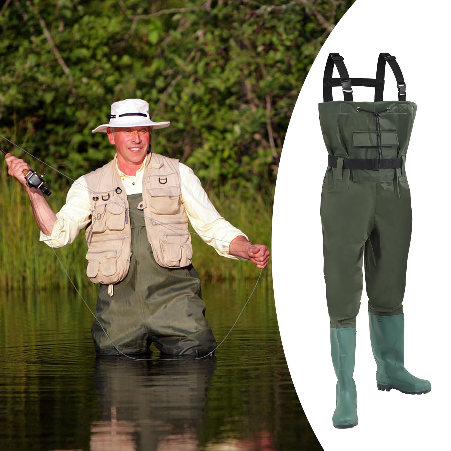 Wathose, Wathose Wasserdicht 70D Nylon Composite PVC Angelhose, Fischerhose mit rutschfesten Gummistiefeln, Teichhose, Hochwasserhose, für Baustellen, Angeln, Bauernhöfe, Gärten