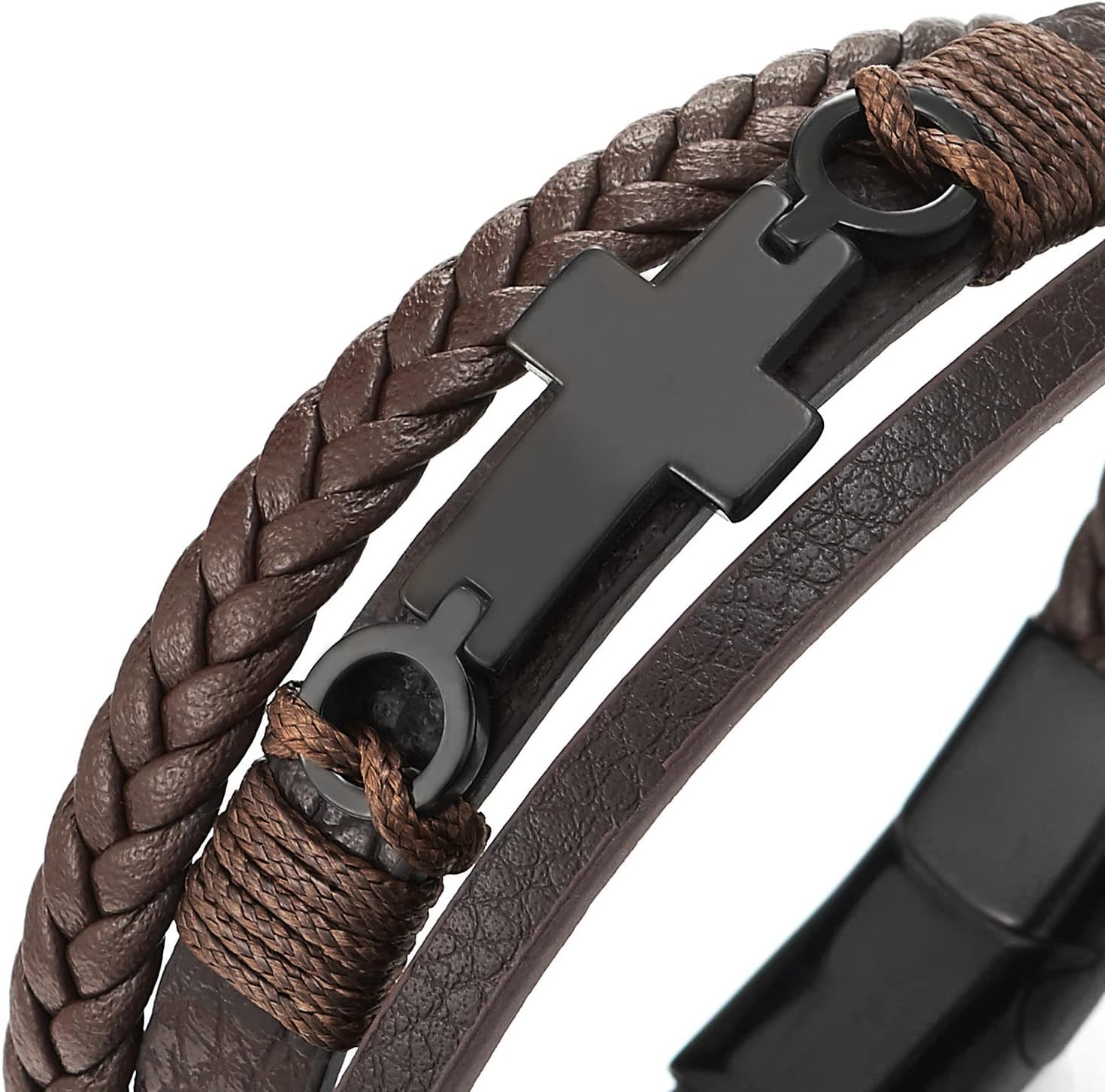 COOLSTEELANDBEYOND Mens Women Steel Horizontal Sideway Lateral Flat Cross Multi-Strand Leather Bangle Bracelet - Image 2