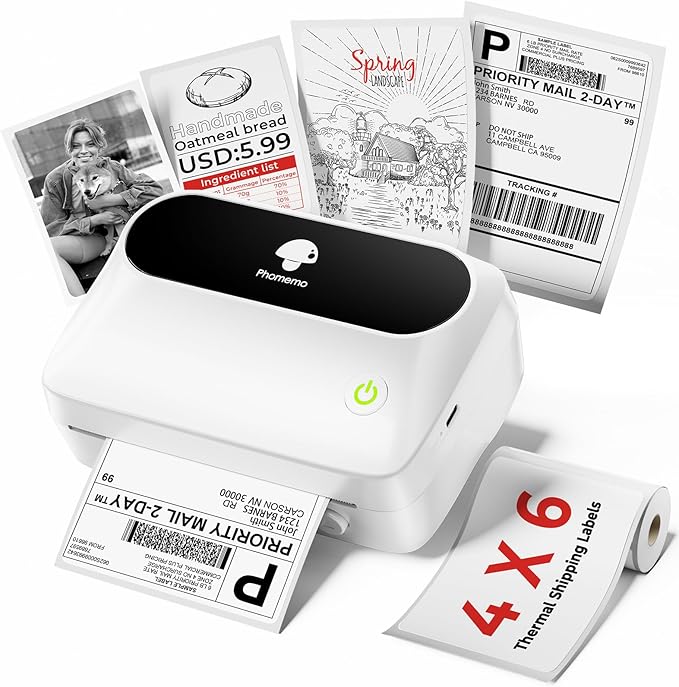 Phomemo M421 4 x 6 Label Printer, Upgrade Thermal Label Printer with 1 4 x 6 Roll Paper for Barcode Shipping Labels, Supports 40 mm - 106 mm Printing Width for Small Business, Office, Home