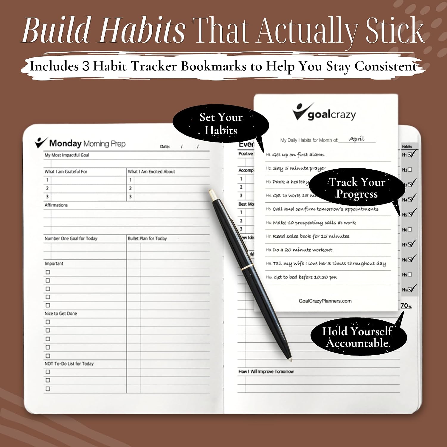 Goal Crazy Undated Daily Planner to Achieve Your Goals - 90 Day Guided Journal & Productivity Organizer with Goal Setting, Habit Tracker, To Do List, Academic & Work Calendar, Leather Hardcover - Brown