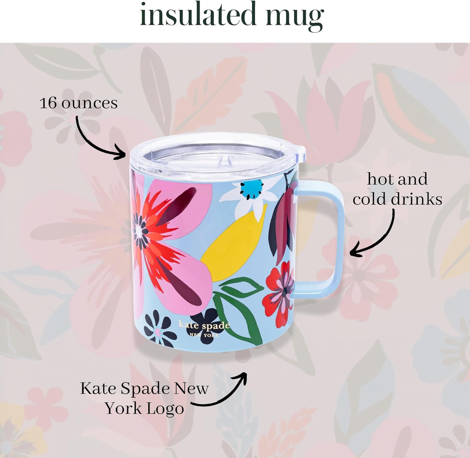 kate spade new york Stainless Steel Insulated Mug with Handle and Lid, 16 Ounce Double Wall Tumbler, Reusable Coffee Travel Mug for Hot and Cold Drinks (Safari Floral) - Image 3