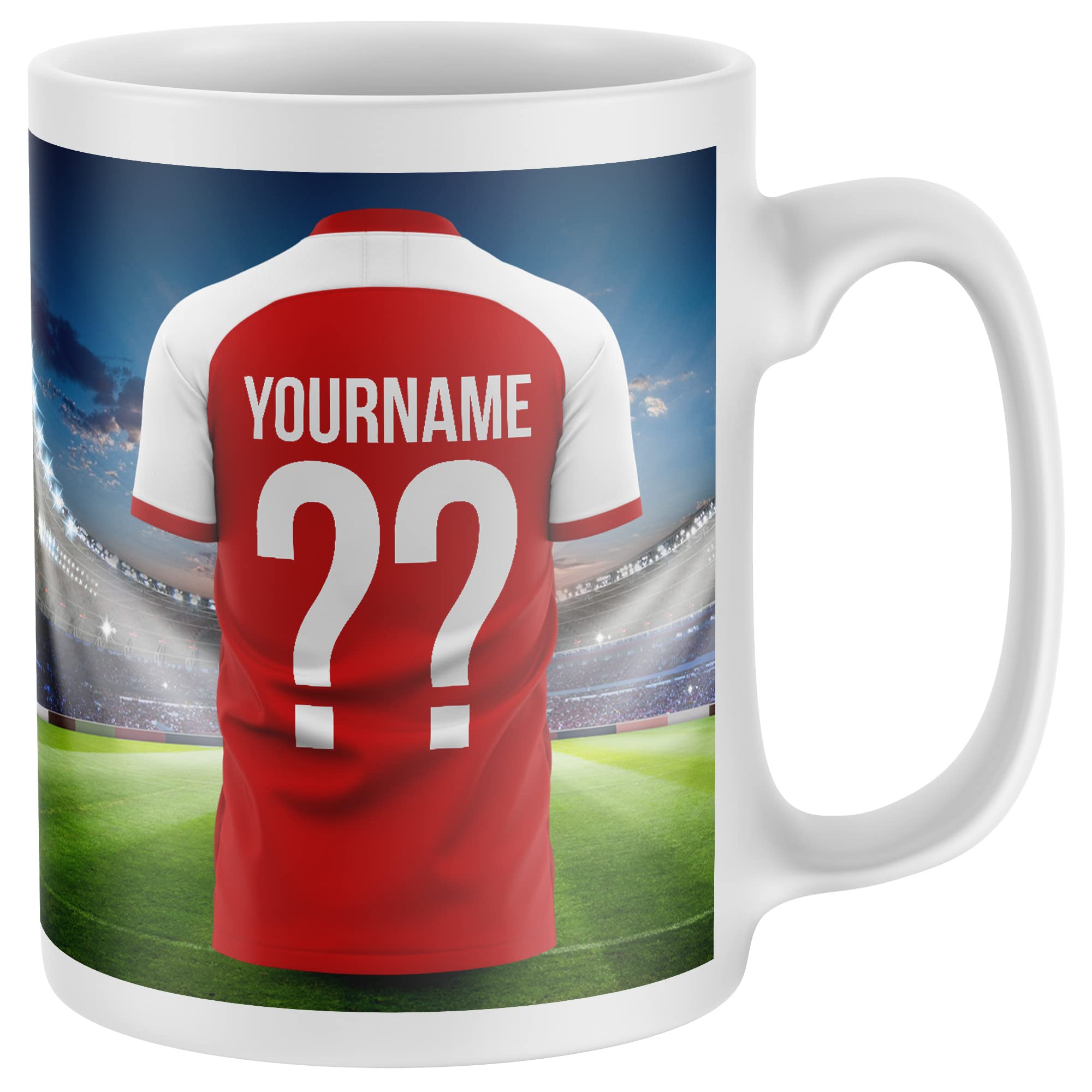 Personalised Football Supporters Mug - Kit Shirt Name and Number Coffee Cup, All Teams and Colours. Fan Gift Idea for Mum, Dad, Son, Daughter - One Size, Red White