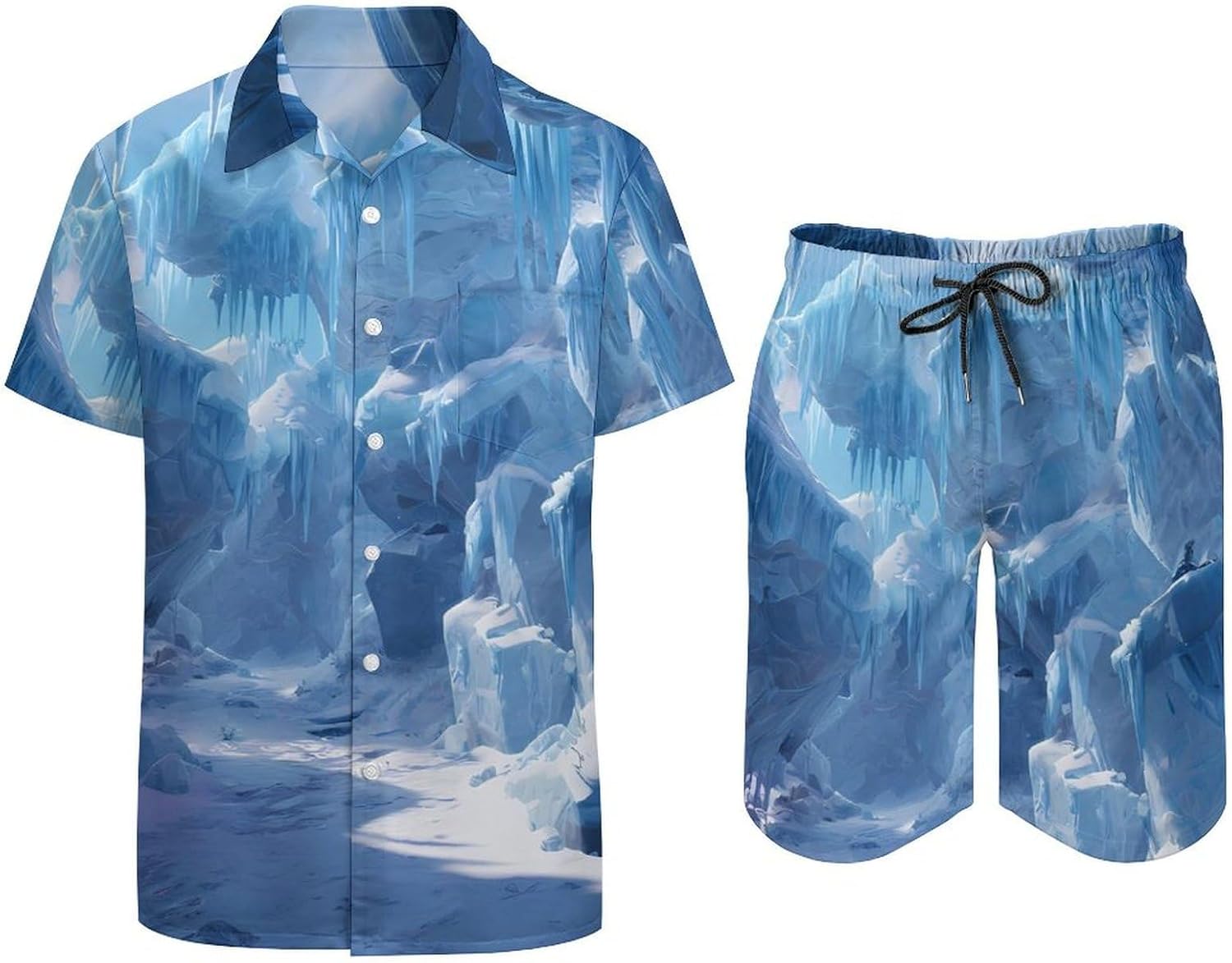 Glacier Cave Ice Winter Men's Summer Beach 2 Piece Outfits | hawaiian button down shirt and shorts,vacation cruise,mens bathing suit