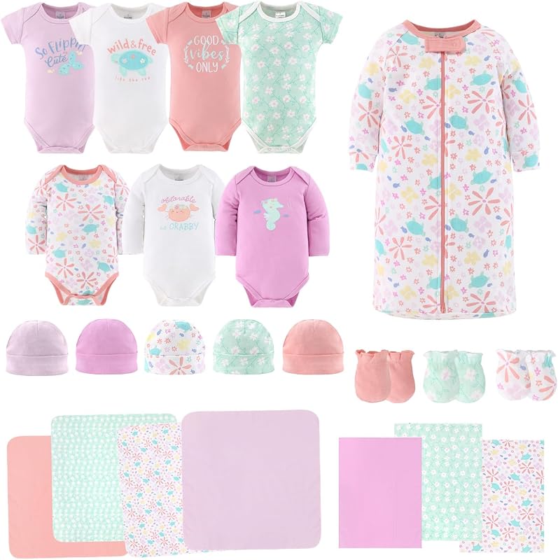 Baby Layette Gift Set for Girls - 23 Piece New Born Girl Gift Set, Baby Clothes & Newborn Essentials Must Haves - Newborn Clothes 0-3 Months - Ocean Flower