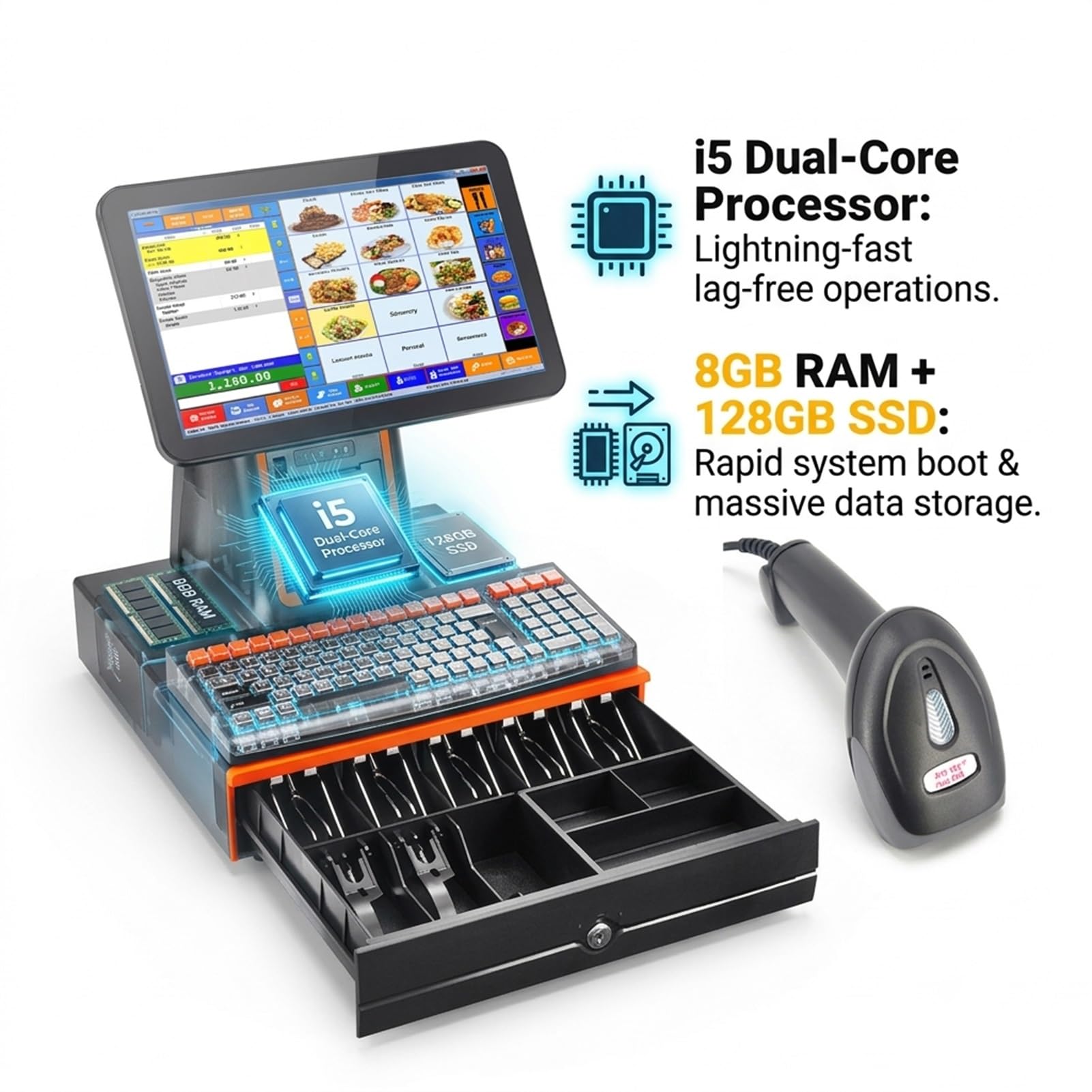 System Kasowy/Terminal POS,Dotykowy 15.6 HD/Procesor Klasy i5,8GB,128GB/Kompatybilne Oprogramowanie/Dual-Band WIFI/Proste Zarządzanie i Niezawodny System dla Sprzedaży(Black,58mm Paper Roll)