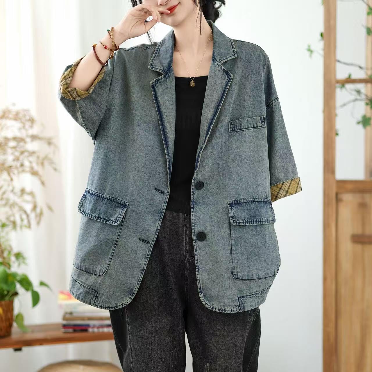 Blazer da Donna Giacca di Jeans Oversize da Donna A Quadri A Contrasto con Maniche A 3/4 Modello Ampio con Revers A Tacca Blazer in Denim Lavato Stile Vintage Lunghezza Media Modello Boyfriend con T
