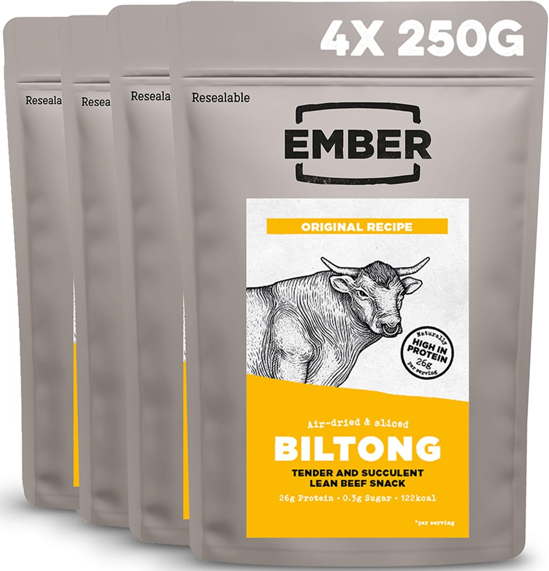 Beef Biltong Original 1kg - High Protein Meat Jerky Snack - Ready to Eat, Low Fat, No Added Sugar, Keto - 4 x 250g Resealable Bulk Bags from a Family-Run UK Business (Packaging May Vary)