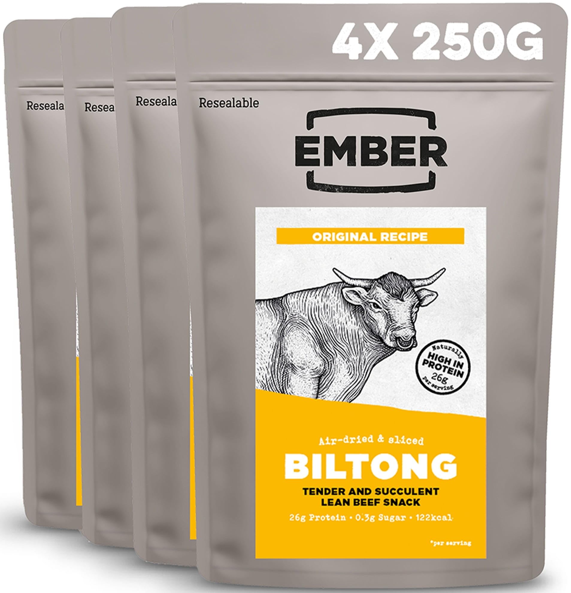 Ember Biltong de Bœuf Original 1 kg - Viande Séchée Beef Jerky Riche en Protéines - En-cas Faible en Gras, Sans Sucres Ajoutés, Keto - 4 Sacs Refermables de 250 g (L'emballage peut varier)