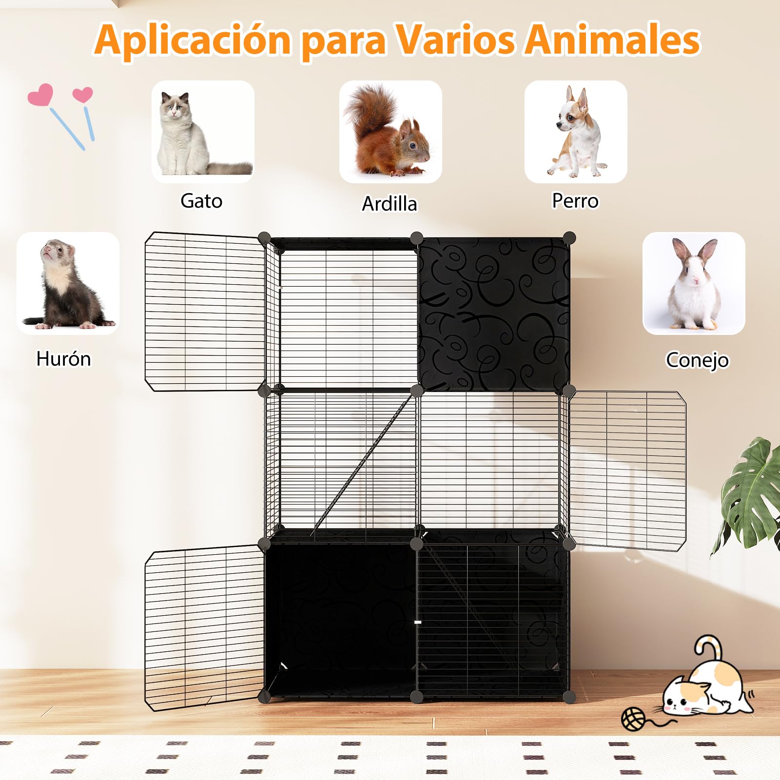 COSTWAY Jaula Grande para Gatos, Recinto para Gatitos de 3 Niveles de Alambre Metálico para Interiores, Parque de Metal para Gatos, Corral para Mascotas para Pequeños Animales, 74 x 47 x 110 cm