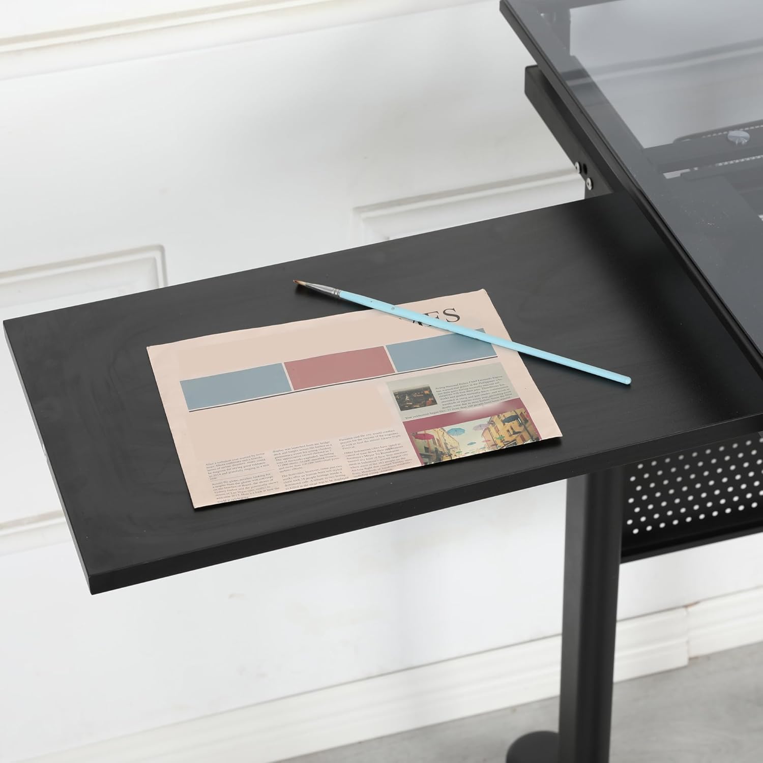 Adjustable Drafting Table with Stool, 0-75° Tilting Tempered Glass Art Desk with 2 Metal Drawers and Side Shelf, for Home Office (Black, 40.15"x23.62"x29.52")