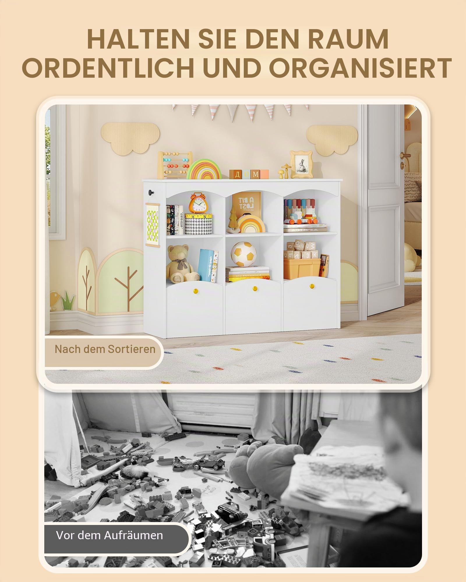 Hzuaneri Kinderregal 103 cm Breite, Kinderzimmer Möbel Weiß | Kinderregal mit 3 Rollboxen, 6 offene Fächer, Spielzeug Aufbewahrung, für Kinderzimmer Wohnzimmer, 30 x 103 x 80 cm, KB33303X
